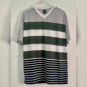 White shirt with horizontal gray and black stripes